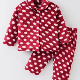 Kanvin Velour Full Sleeves Co-ord Winter Night Suit With Polka Dots Print -Maroon-picture-13