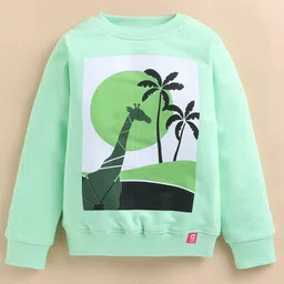 giniekids Cotton Blend Knit Full Sleeves Giraffe & Trees Printed Light Winter Sweatshirt - Green-picture-10