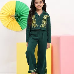 Spunkies Cotton Knit Full Sleeves Abstract Embroidered Shirt Style Top & Pant Set - Green-image-73