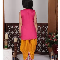 Kinder Kids Sleeveless Motif Embroidered & Gota Lace Embellished Kurta With Attached Jacket & Dhoti - Pink & Yellow image 3