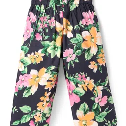 CrayonFlakes Cotton Floral Printed Belted Palazzo - Navy Blue image 3