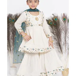 Little Bansi Three Fourth Sleeves Embroidered Kurta Sharara With Dupatta - Cream Green image 4