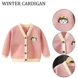 MOMISY Full Sleeves Placement Girl Detailed Cardigan - Pink image 5