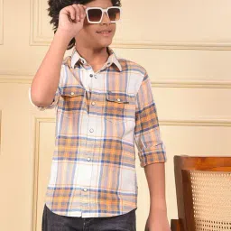 Crimsoune Club Boys Peach Cotton Slim Fit Chequered Shirt-picture-17