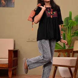 DMP EXPORT Girls Black Handloom Thread Work Kurta image 1