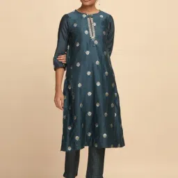 Folksong By W Blue Cotton Woven Pattern A Line Kurta-picture-20