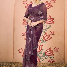 Satrani Purple Net Embroidered Saree With Unstitched Blouse image 5