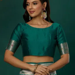 Satrani Green Silk Blend Woven Saree With Unstitched Blouse image 5