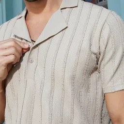 Campus Sutra Beige Regular Fit Striped Polo T-Shirt image 5