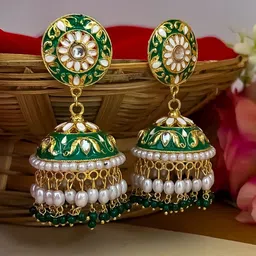 Zeviel Gold-Plated Kundan Studded & Pearls Beaded Dome Shaped Jhumkas image 3