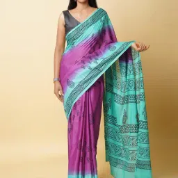 Unnati Silks Purple & Blue Cotton Printed Saree With Unstitched Blouse-image-40