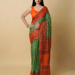 Unnati Silks Green & Orange Cotton Printed Saree With Unstitched Blouse-picture-33