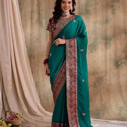 Sangria Floral Embroidered Vichitra Saree-image-47