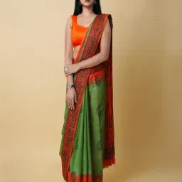 Unnati Silks Green & Orange Cotton Printed Saree With Unstitched Blouse-picture-11