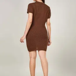 People by Pantaloons Brown Cotton Self Pattern A Line Dress image 2