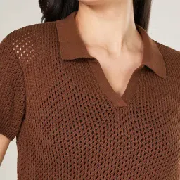 People by Pantaloons Brown Cotton Self Pattern A Line Dress image 5