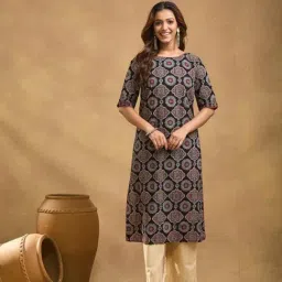 Fabindia Black Cotton Ajrakh Printed Long Kurta-image-32