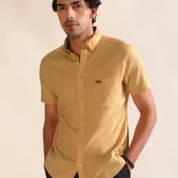 ANDAMEN Beige Slim Fit Textured Cotton Shirt-image-6
