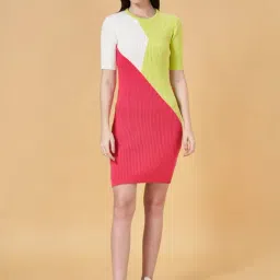 People by Pantaloons Green & Red Color-Block Bodycon Dress-image-25