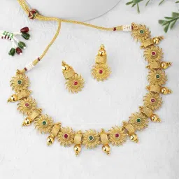 Peora Gold-Plated Floral Choker Necklace with Earrings Bridal Jewellery Set-image-87