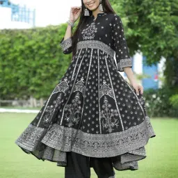 Juniper Black Ethnic Motif Printed Georgette Anarkali Kurta & Palazzo Set With Buttons-image-84