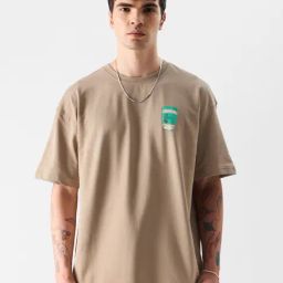 The Souled Store TSS Originals: Sanity In A Cup Dark Beige Loose Fit Printed Oversized Crew T-Shirt-image-0