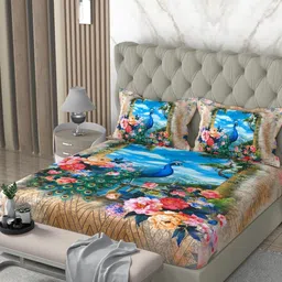 Pure Decor Multicoloured & Multicoloured Floral 130 TC Queen Bedsheet with 2 Pillow Covers image 3