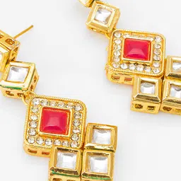 Anouk Gold-Plated Kundan & Artificial Stones Studded Diamond Shaped Drop Earrings image 3