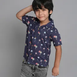 Taffykids 100% Cotton Half Sleeves Tropical Printed Shirt - Navy Blue & Multi Colour-picture-17