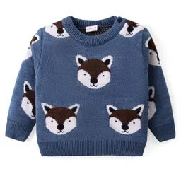 Babyhug Knitted Full Sleeves Pullover Sweater with Fox Design - Blue-picture-10