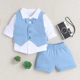 BUMZEE Cotton Full Sleeves Solid 3 Piece Party Suit Set With Attached Bow - Powder Blue & White-picture-38