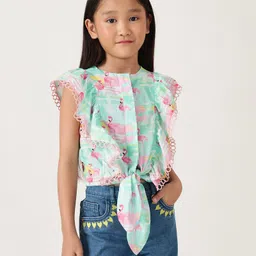 One Friday 100% Cotton Woven Sleeveless Flamingos Printed Frill Detailed Top - Multi Colour-picture-35