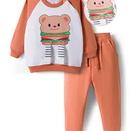 Mark & Mia Terry Knit Full Raglan Sleeves Winter Wear Suit with Burger Graphic & Bear Applique - Coral image 1