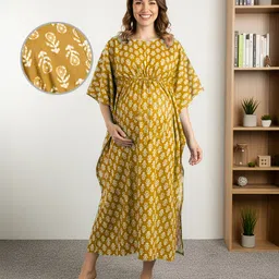 Bella Mama Cotton Woven Half Sleeves Maternity Nursing Kaftan With Floral Print - Yellow-picture-28
