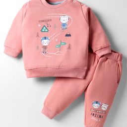 Zero Fleece Knit Full Sleeves Winter Sweatshirt & Lounge Pant Set with Animal Print - Pink-picture-24