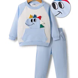 Mark & Mia Cotton Full Raglan Sleeves Winter Wear T-Shirt & Joggers Set With Dino Applique - Light Blue & White-picture-34