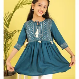 ISHTI Rayon Woven Three Fourth Sleeves Sequins Embroidered Top - Teal Blue-picture-10