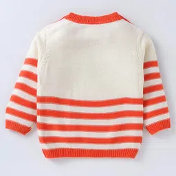 Babyhug Disney Knitted Full Raglan Sleeves Striped Design Pullover Sweater with Winnie The Pooh Patch - White & Orange image 2