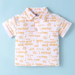 ToffyHouse Cotton Knit Half Sleeves Text Printed T-Shirt with Checked Shorts Suspenders & Bow - Light Orange image 2