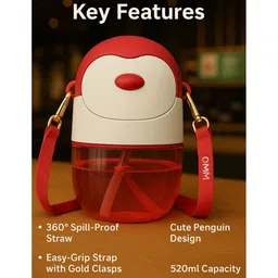 Badal Kidz Penguin Sippy Cup with Straw, Cute Water Bottle with Adjustable Strap for Toddlers - Red - 520 ml image 2