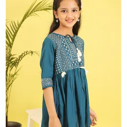 ISHTI Rayon Woven Three Fourth Sleeves Sequins Embroidered Top - Teal Blue image 4