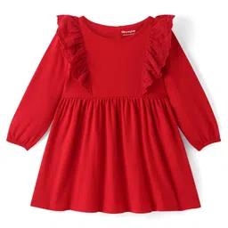 Honeyhap Premium 100% Cotton Knit Full Sleeves Frocks with Heart Print & Frills Detailing  Pack of 2 - Red & Pink image 4