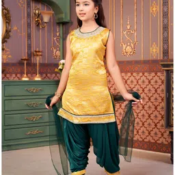 Aarika Brocade Sleeveless Floral Foil Printed & Kurta Salwar & Dupatta Set - Yellow & Green image 5