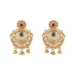 Aatmana Gold-Plated Green & Red Stone-Studded & Beaded Filigree Chand Bali Earrings image 5