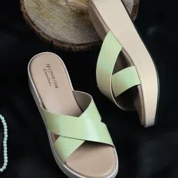 Monrow Women's Green Cross Strap Wedges-image-0