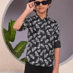 Crimsoune Club Boys Black Slim Fit Floral Print Shirt-image-54