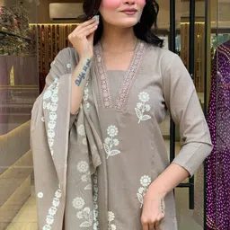 KALINI Women Embroidered Regular Pure Cotton Kurta with Trousers & Dupatta image 5