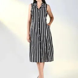 Showoff Black Cotton Blend Regular Fit Stripes Dress-image-67