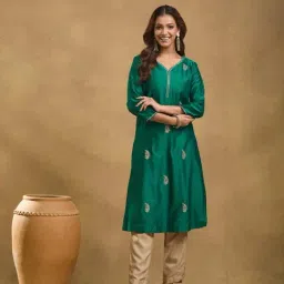 Fabindia Green Cotton Silk Embroidered Long Kurta-image-37