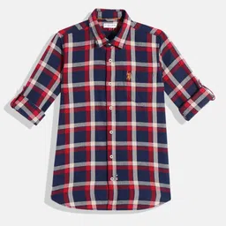 U.S. Polo Assn. Kids Boys Navy Blue & Red Tartan Checked Pure Cotton Casual Shirt-picture-47